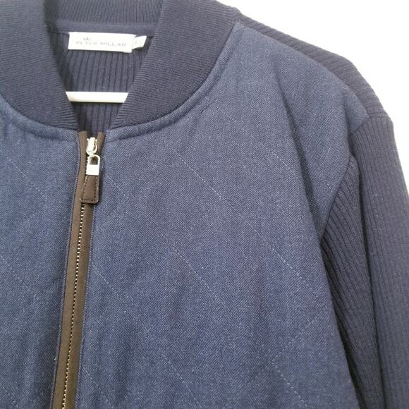 Peter Millar Wool Blend Navy Woven Ribbed Knit Quilted Bomber Jacket - Picture 3 of 16